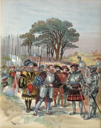 Szwajcarzy żądają zapłaty w Bicocca, ilustracja z „Francois Ier: Le Roi Chevalier, George G. Toudouze, wyd. 1909